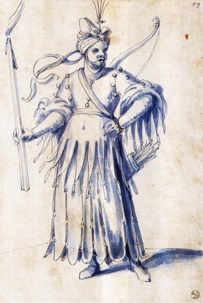 Dibujo de vestuario para una figura femenina con antorcha de Giuseppe Arcimboldo